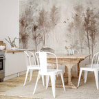 Foggy Forest Birds Grey Landscape Wall Mural