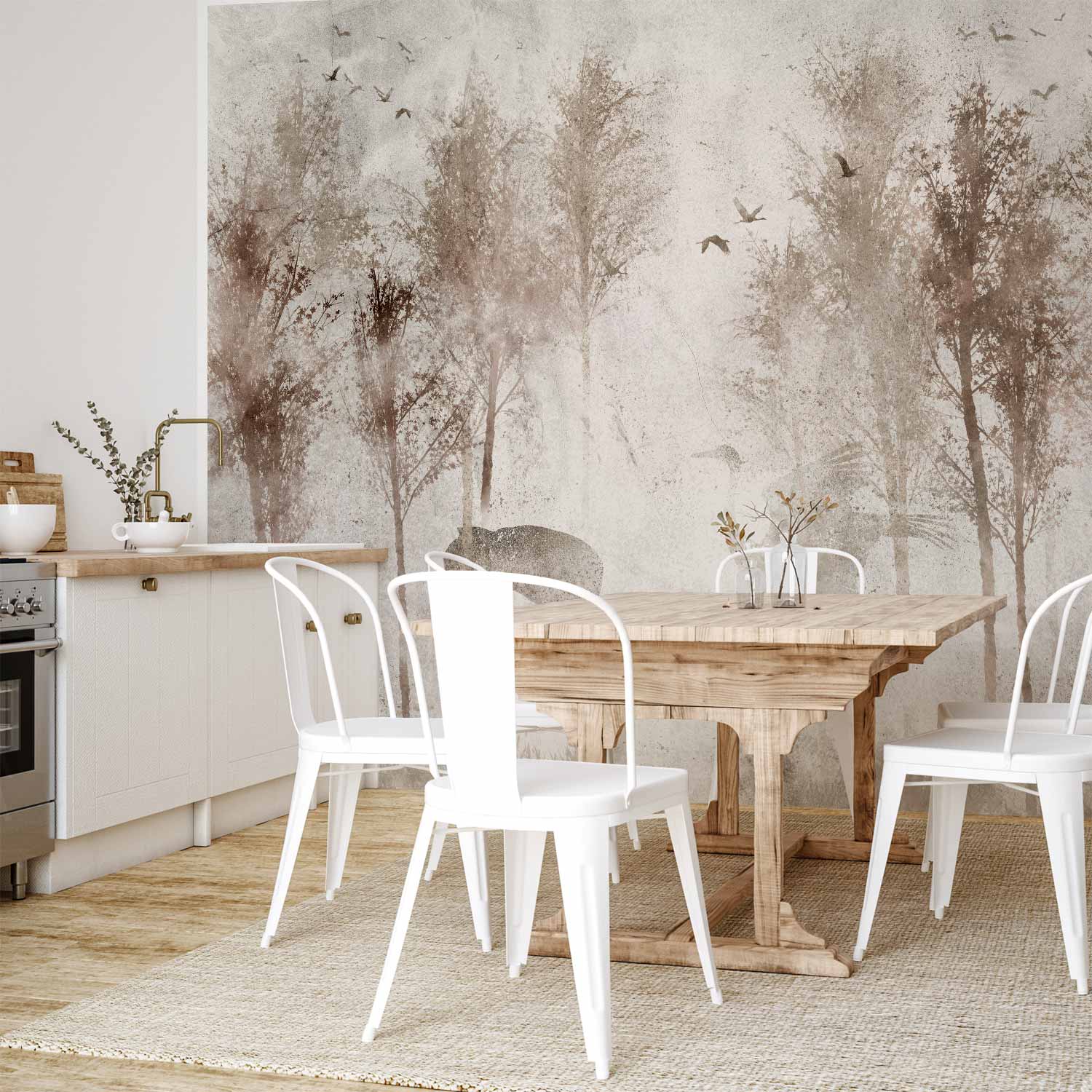 Foggy Forest Birds Grey Landscape Wall Mural