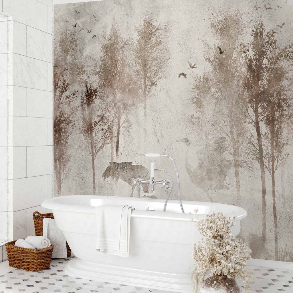 Foggy Forest Birds Grey Landscape Wall Mural