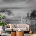 Black and White Beach Sea Wall Mural