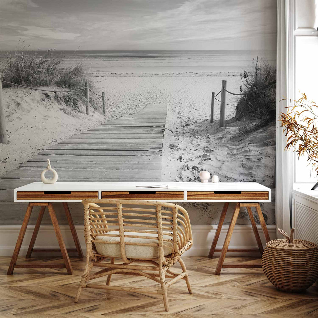 Black and White Beach Sea Wall Mural