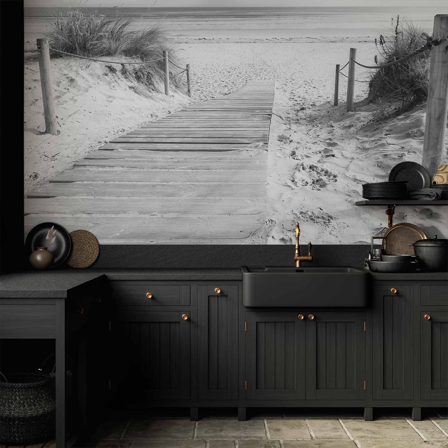 Black and White Beach Sea Wall Mural