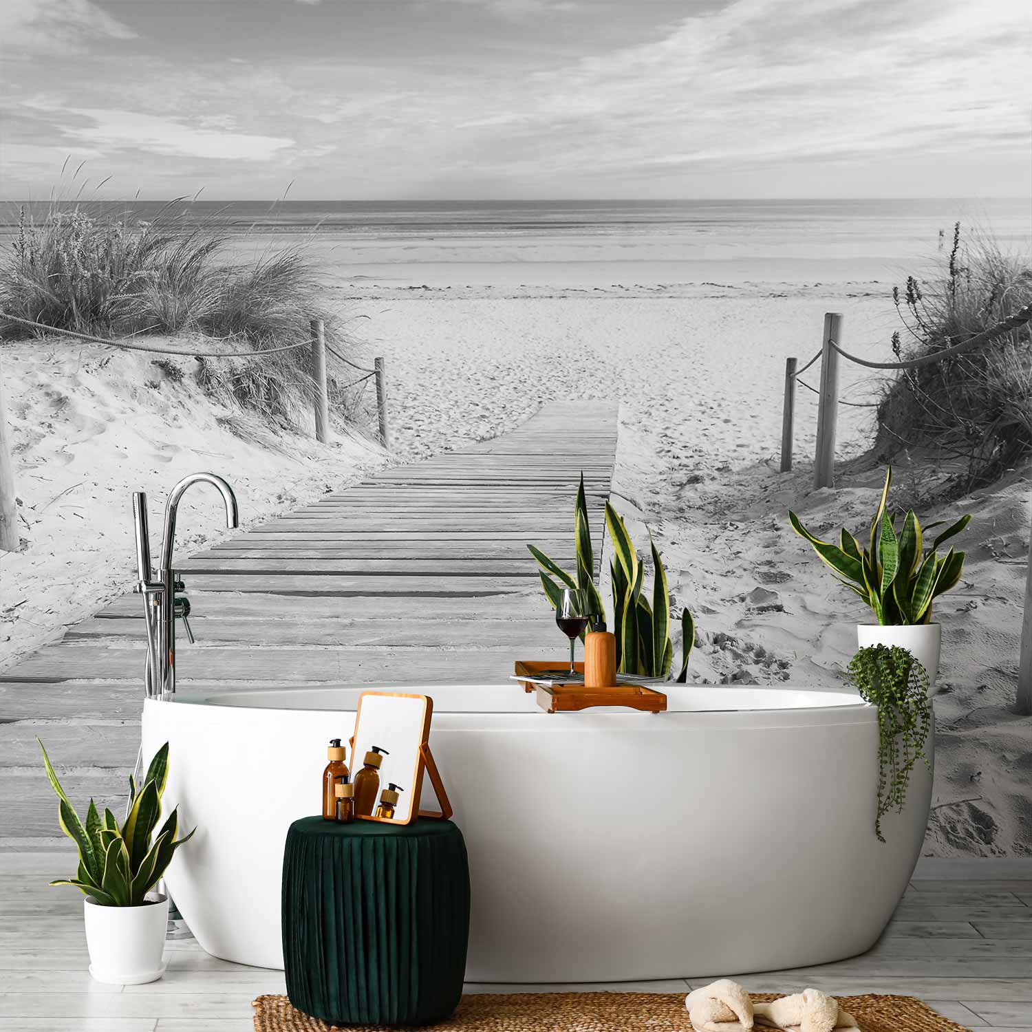 Black and White Beach Sea Wall Mural
