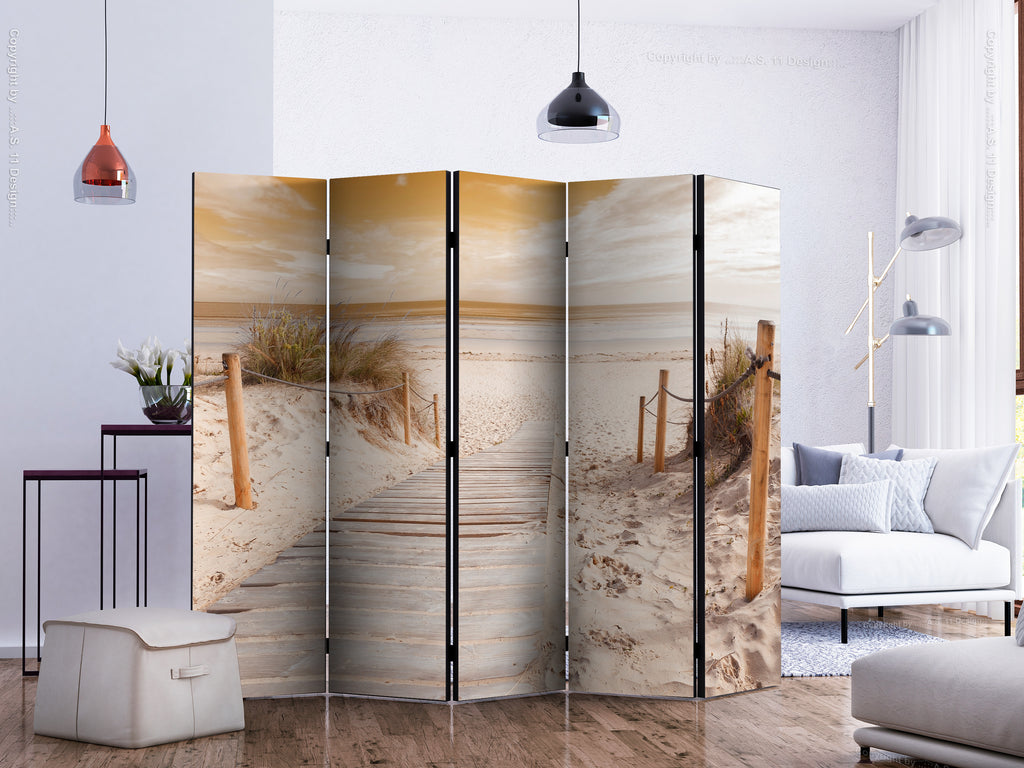 Sepia Beach Landscape 5-Panel Room Divider