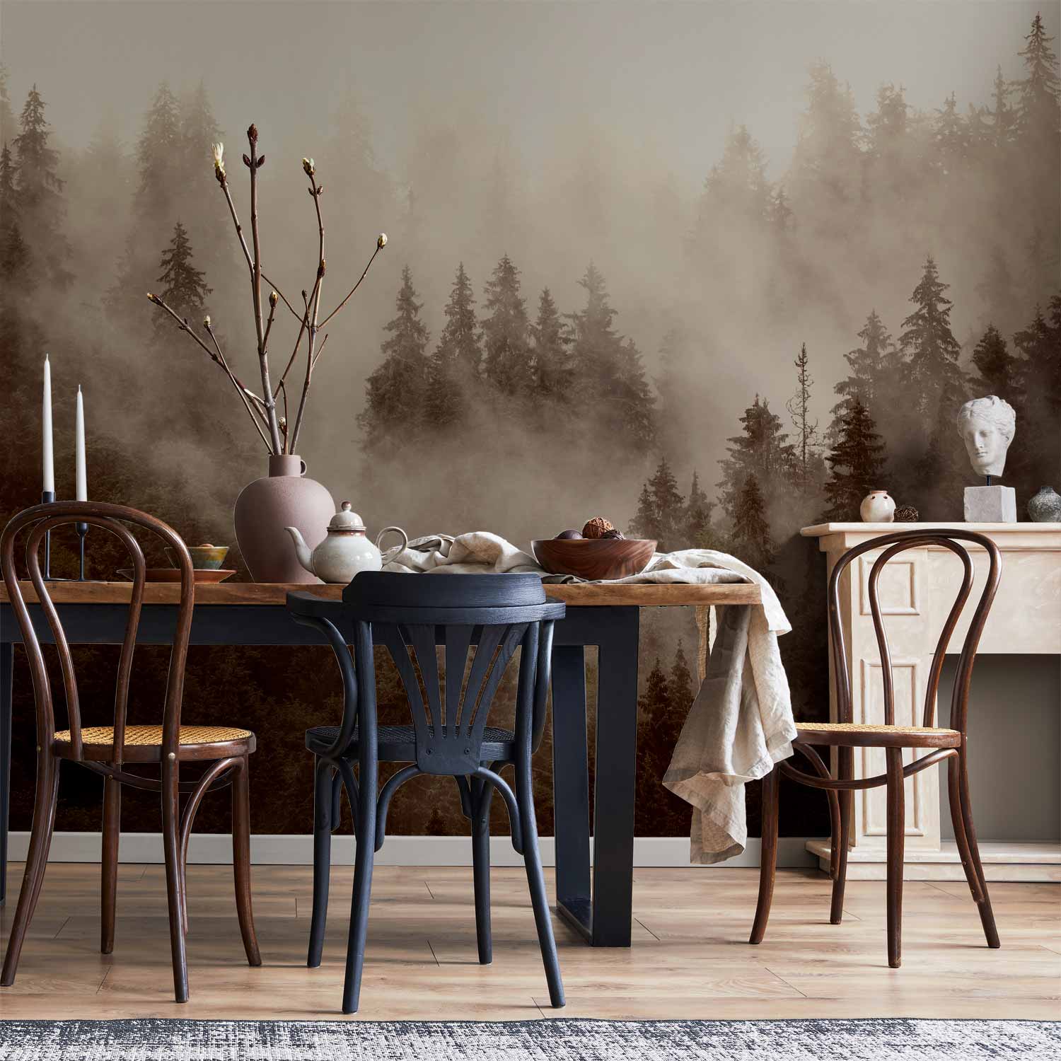 Sepia Mountain Forest Wall Mural