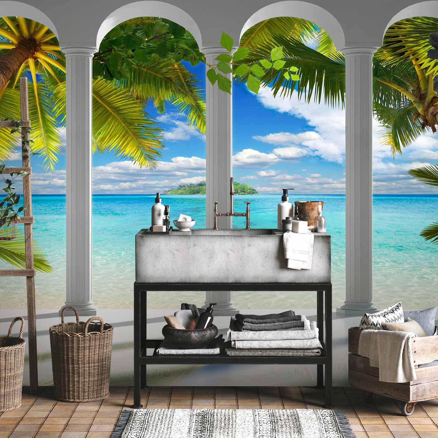 Sea Behind Columns Architectural Wall Mural