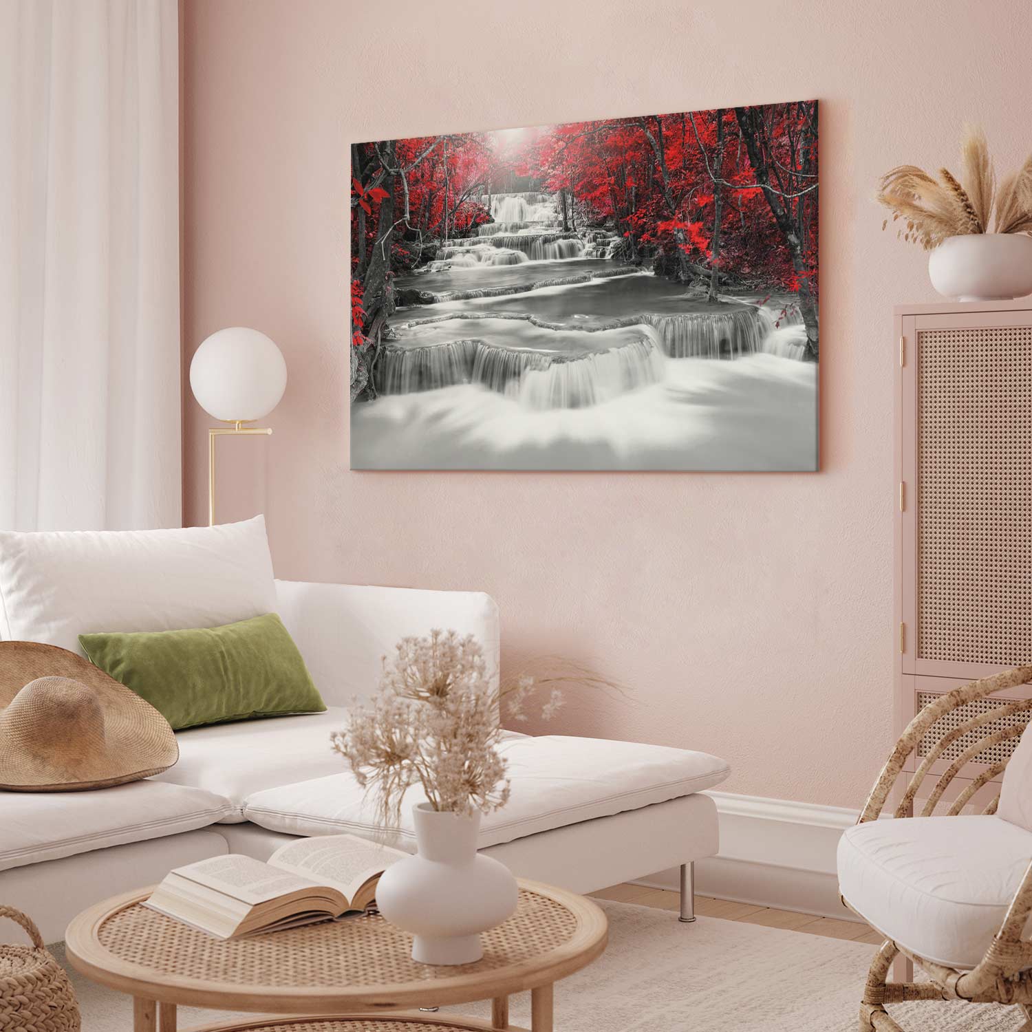 Red Forest Waterfall Landscape Canvas Print