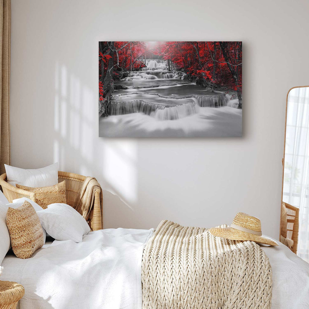 Red Forest Waterfall Landscape Canvas Print
