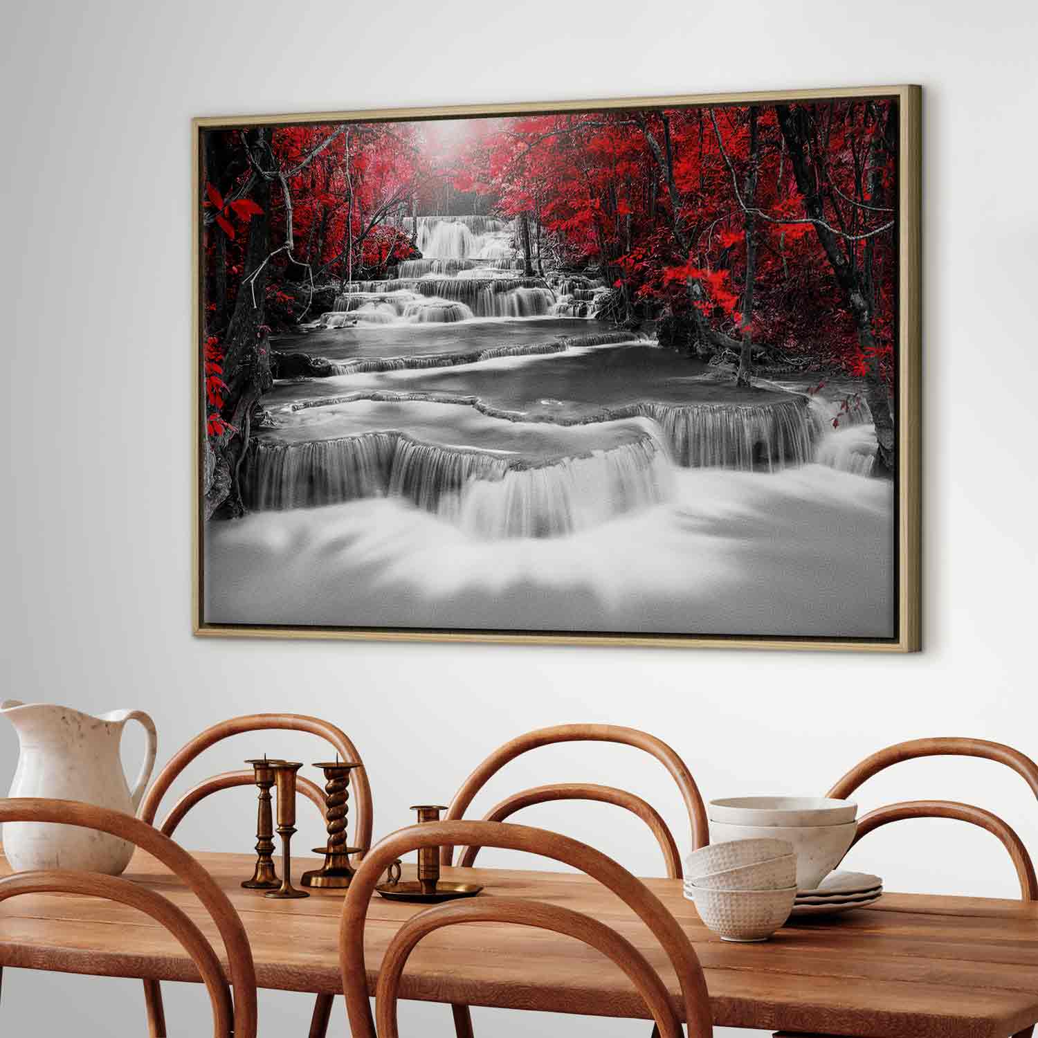 Red Forest Waterfall Landscape Canvas Print