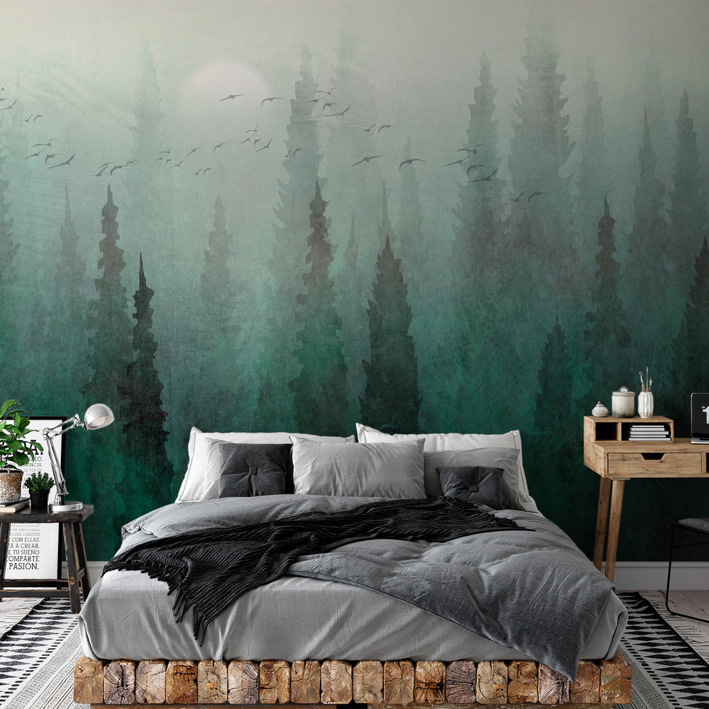 Wall Mural - Bird's eye perspective Landscape green forest mist