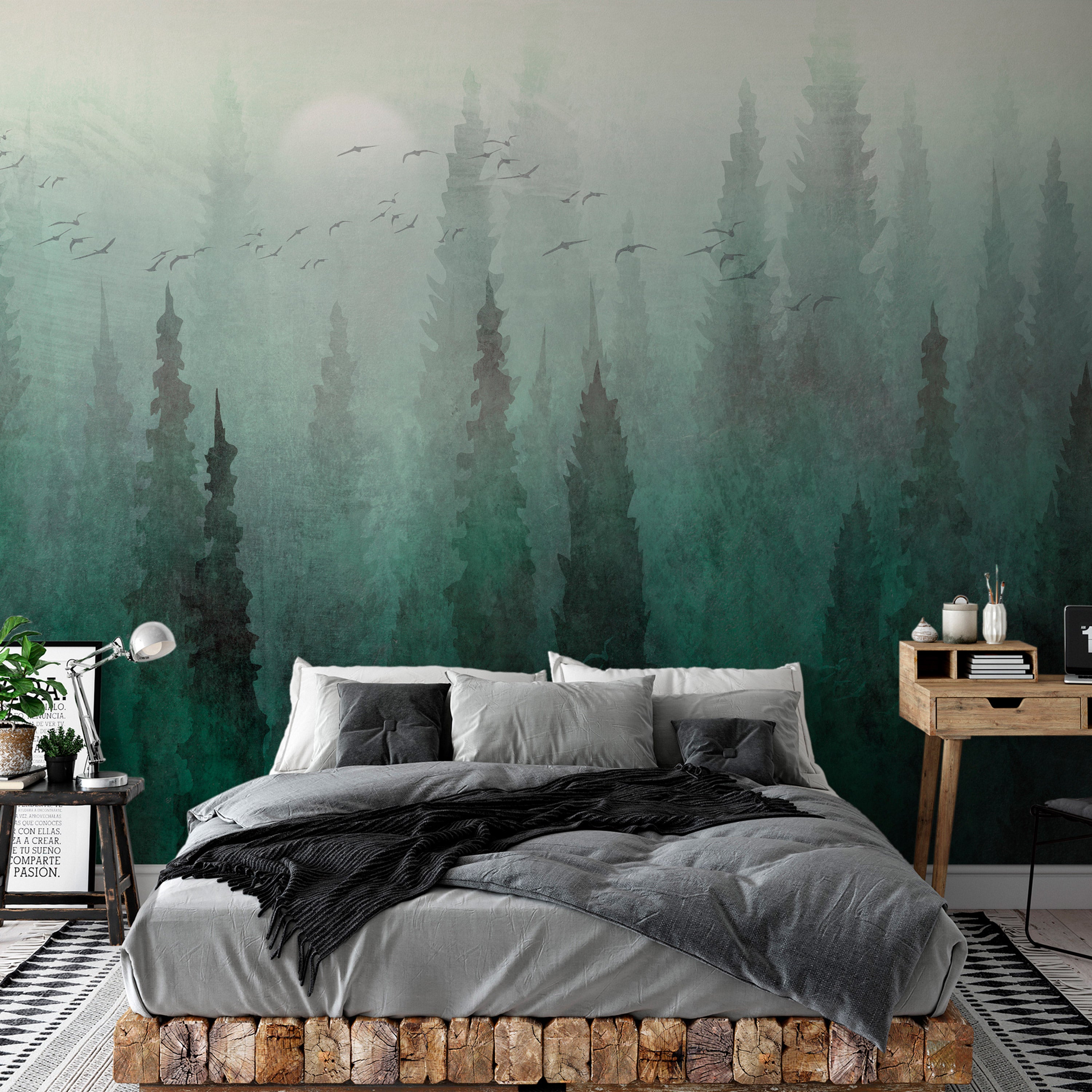 Wall Mural - Bird's eye perspective Landscape green forest mist
