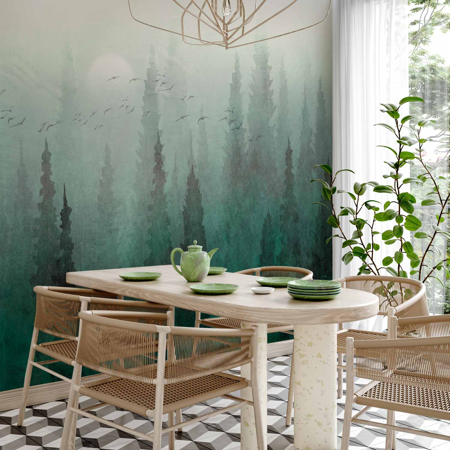 Misty Green Forest Aerial Landscape Wall Mural