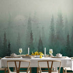 Wall Mural - Bird's eye perspective Landscape green forest mist