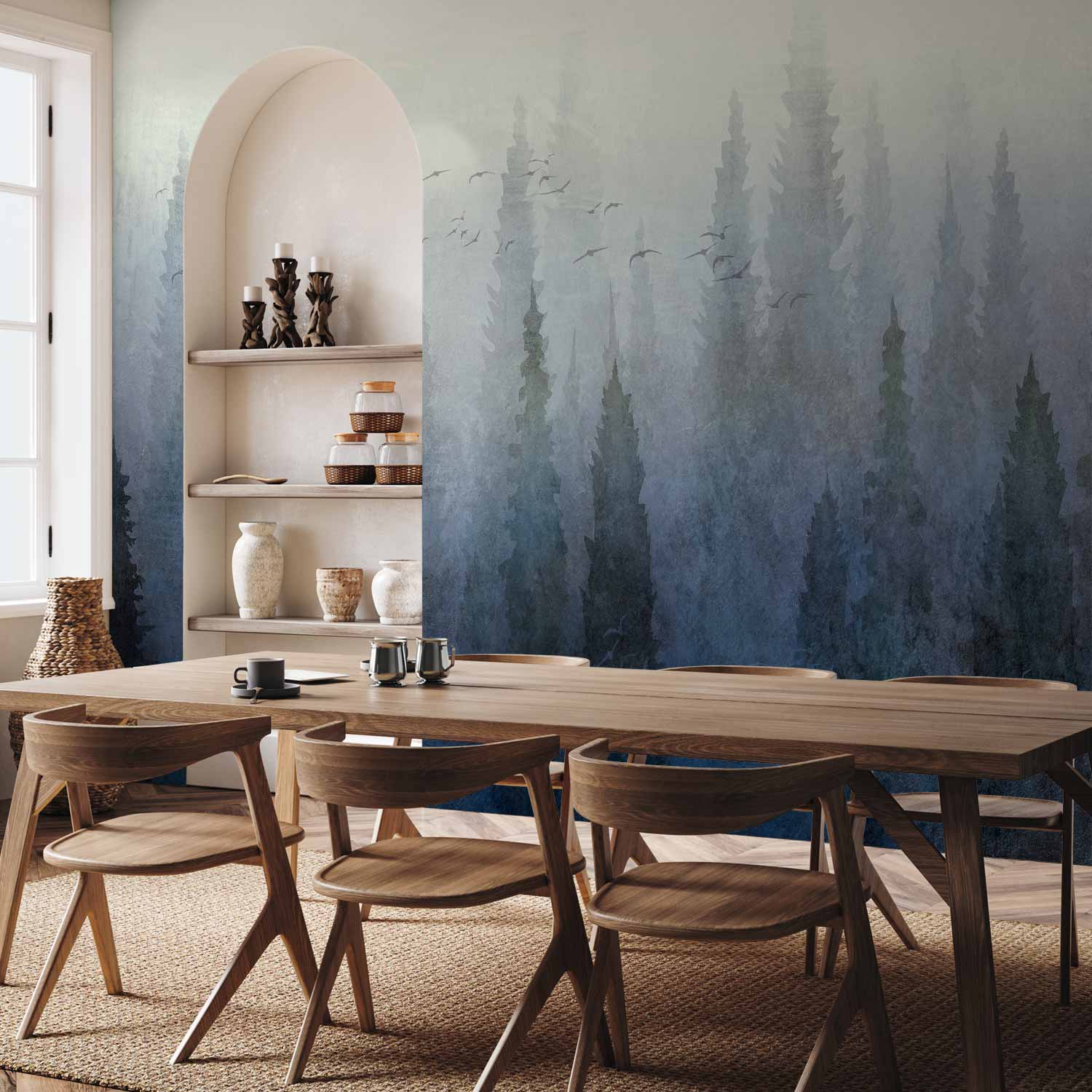 Birds Over Forest Landscape Wall Mural