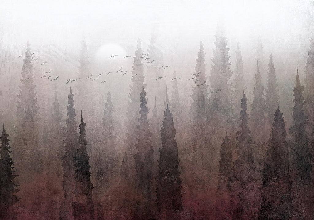 Wall Mural: Bird's Flight over Treetops in Fog Landscape