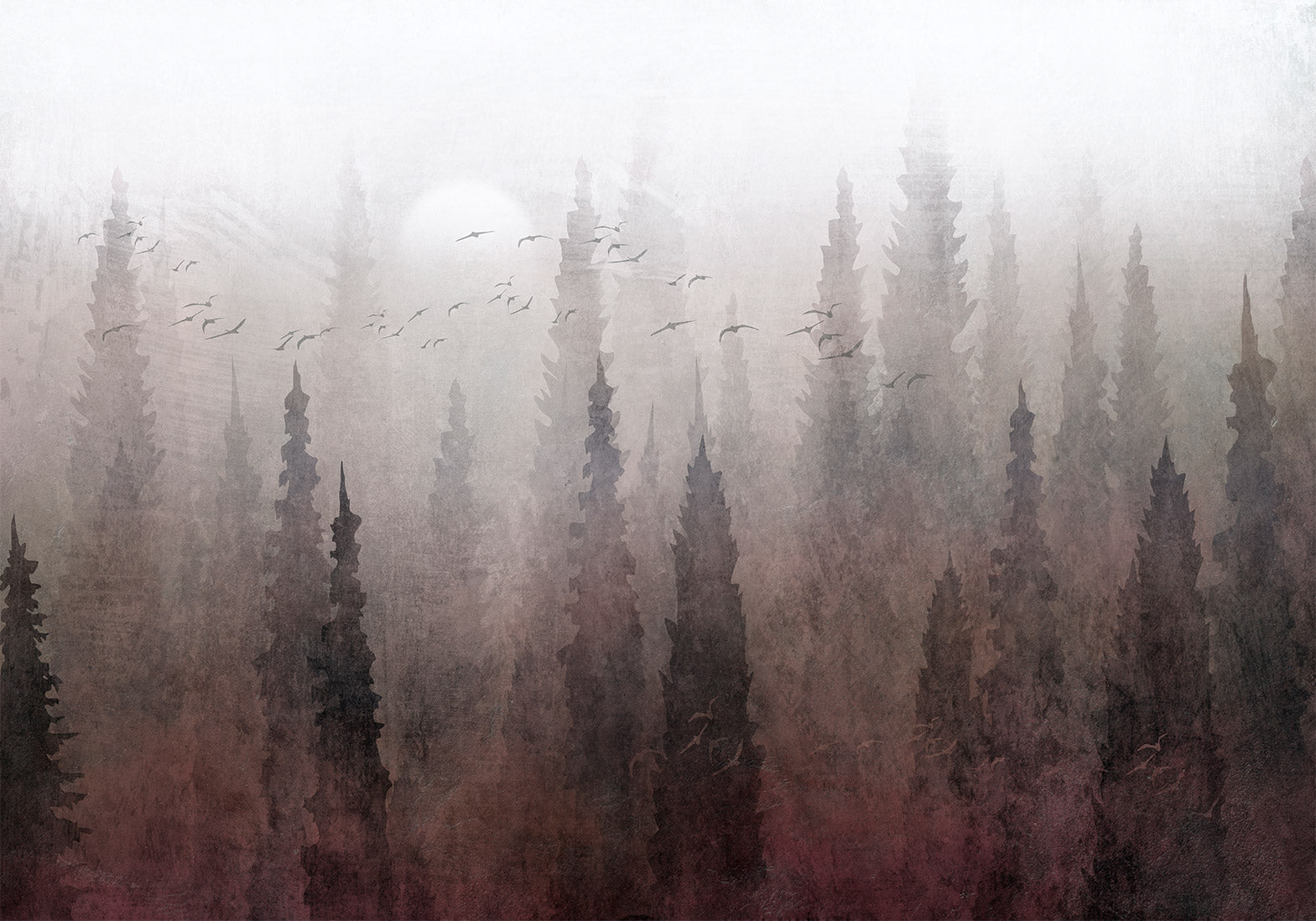 Wall Mural: Bird's Flight over Treetops in Fog Landscape