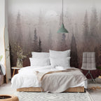 Wall Mural: Bird's Flight over Treetops in Fog Landscape