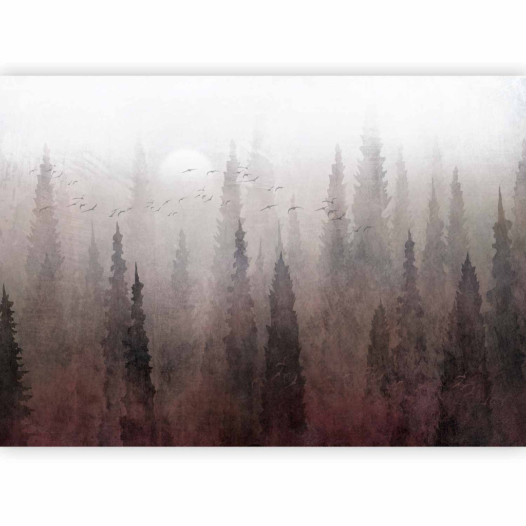 Wall Mural: Bird's Flight over Treetops in Fog Landscape
