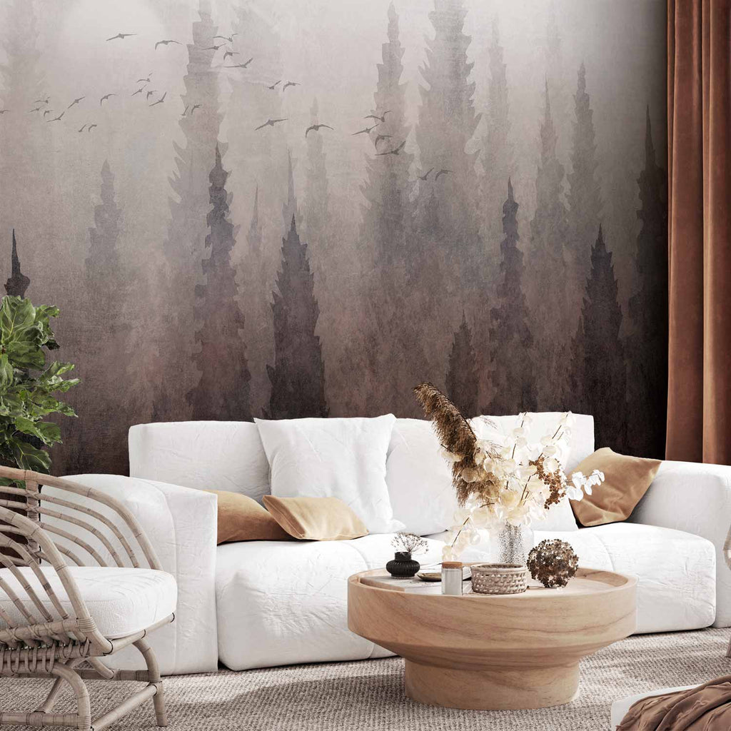 Wall Mural: Bird's Flight over Treetops in Fog Landscape