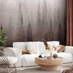 Wall Mural: Bird's Flight over Treetops in Fog Landscape