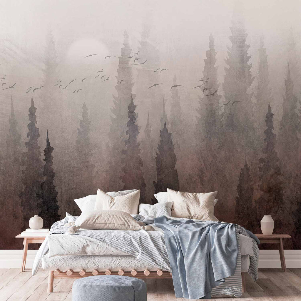 Bird Flock Over Foggy Forest Landscape Wall Mural