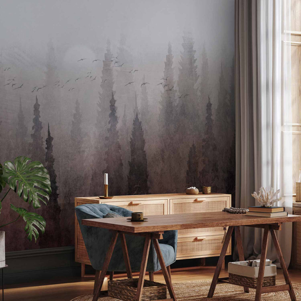 Bird Flock Over Foggy Forest Landscape Wall Mural