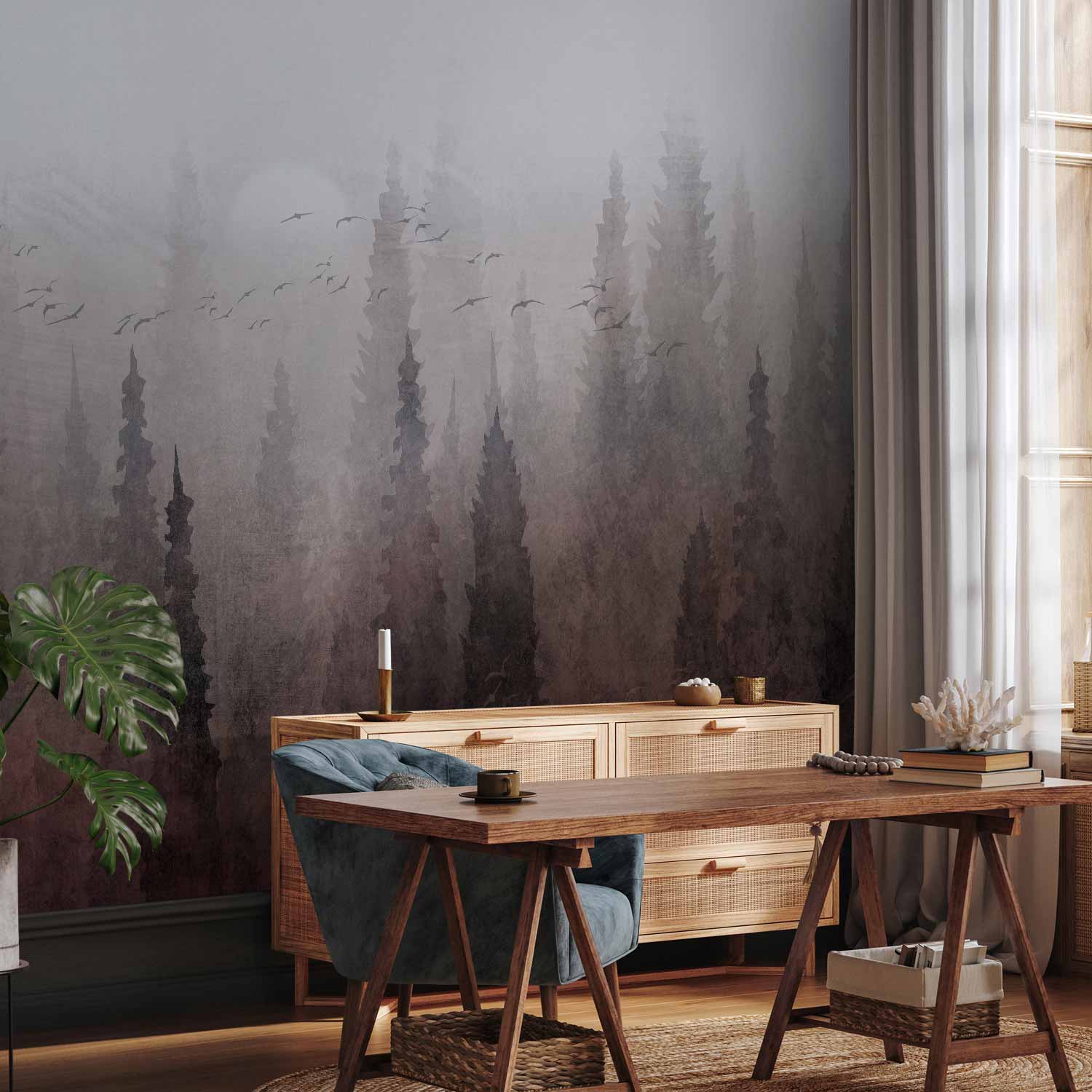 Bird Flock Over Foggy Forest Landscape Wall Mural