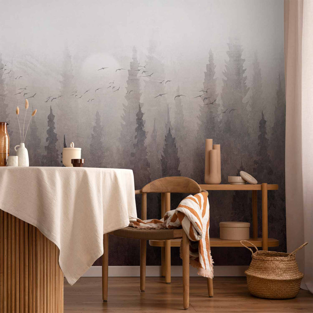 Wall Mural: Bird's Flight over Treetops in Fog Landscape