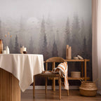 Wall Mural: Bird's Flight over Treetops in Fog Landscape