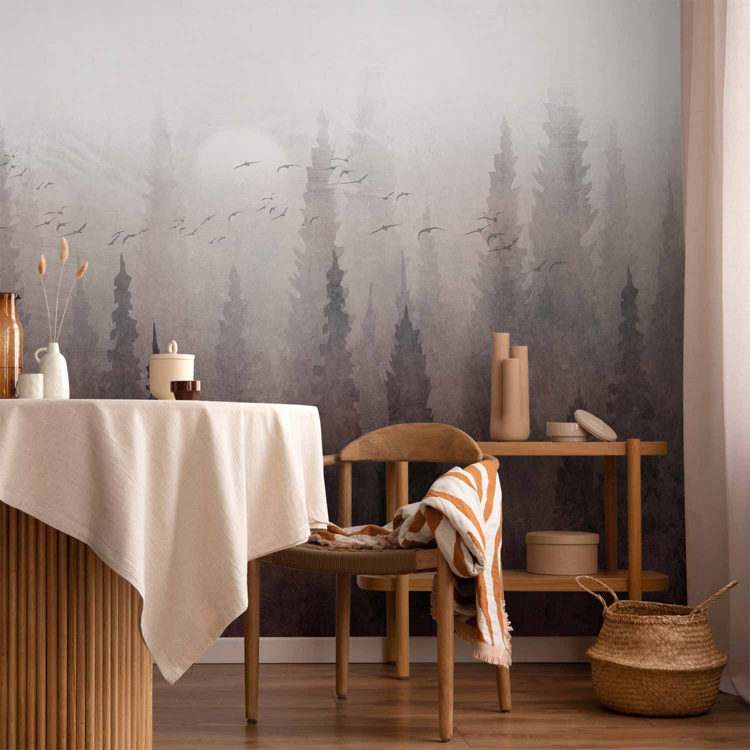 Wall Mural: Bird's Flight over Treetops in Fog Landscape