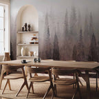 Bird Flock Over Foggy Forest Landscape Wall Mural