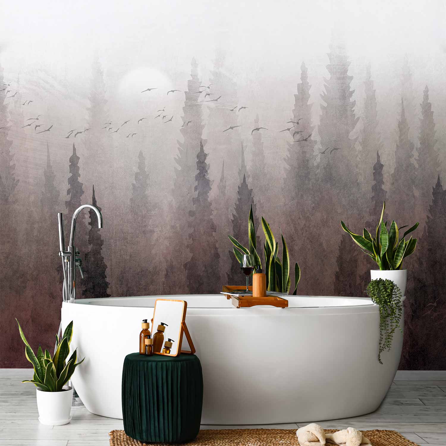 Bird Flock Over Foggy Forest Landscape Wall Mural