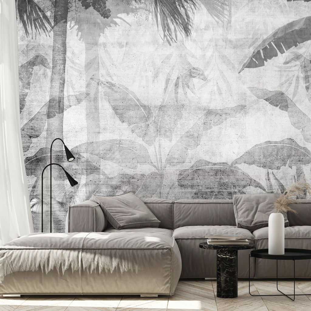 Wall Mural - Vanishing Jungle: Leaves in Grey