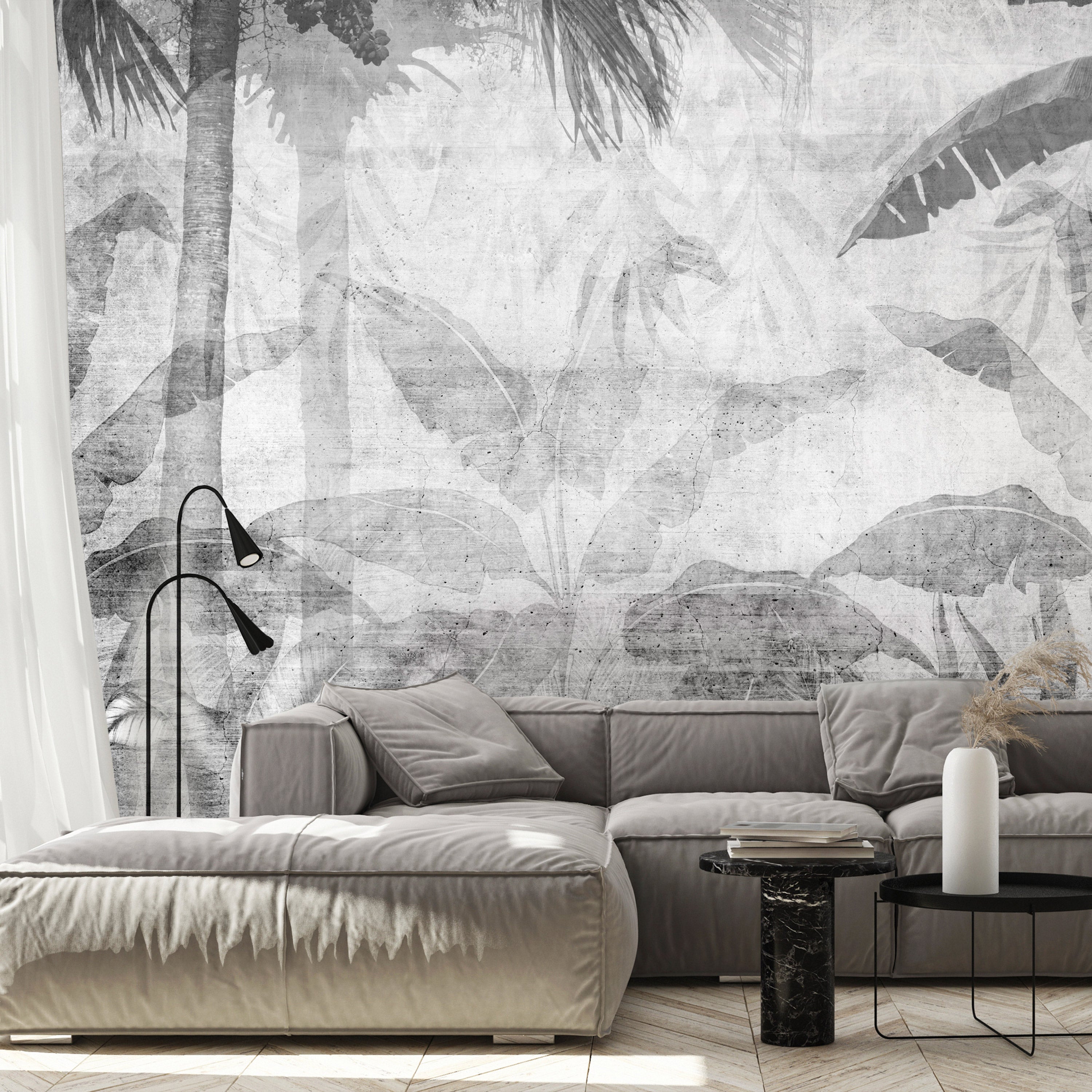 Wall Mural - Vanishing Jungle: Leaves in Grey