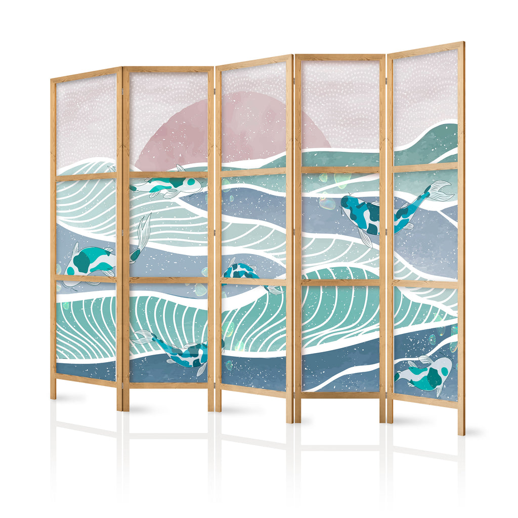 Japanese Room Divider - Picturesque Koi Landscape in Turquoise and Blue