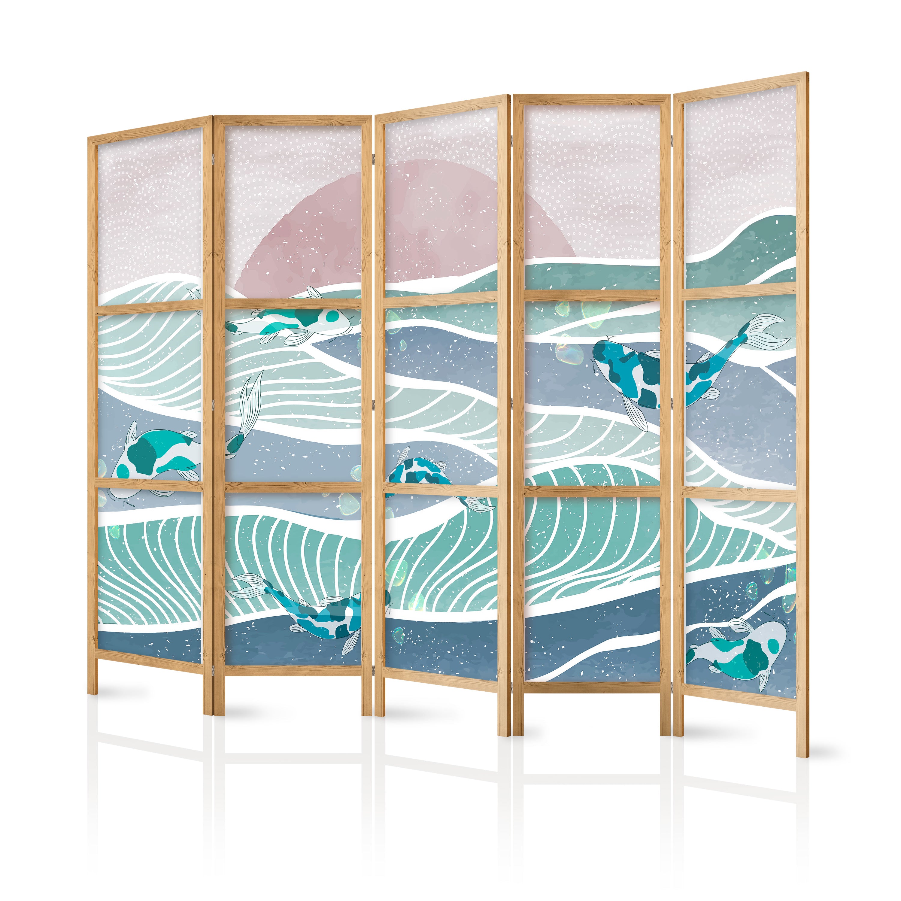 Japanese Room Divider - Picturesque Koi Landscape in Turquoise and Blue