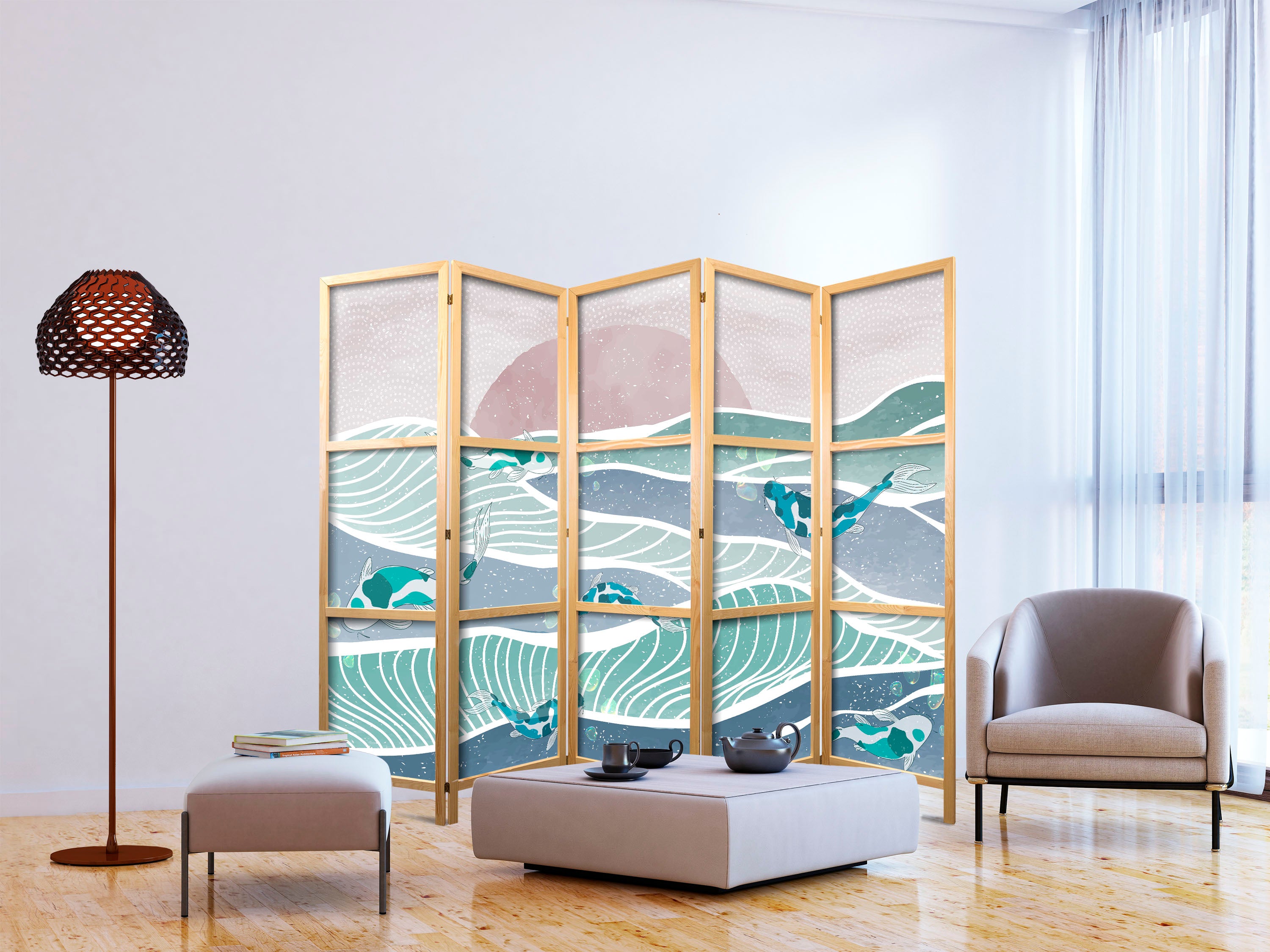 Japanese Room Divider - Picturesque Koi Landscape in Turquoise and Blue