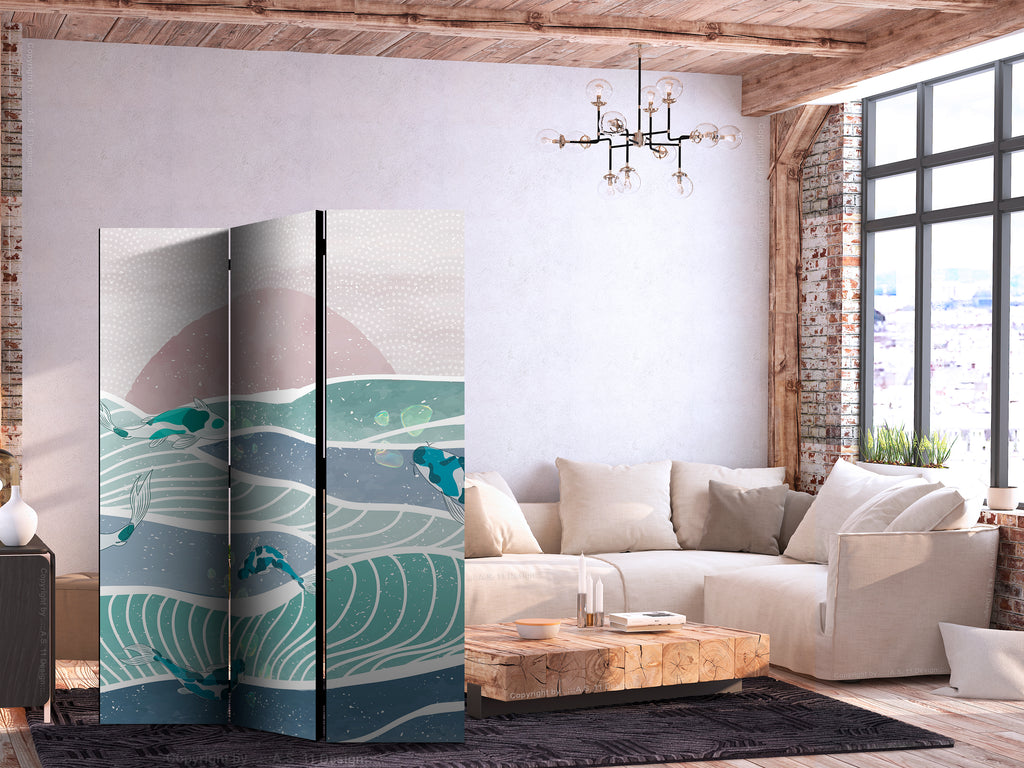 Room Divider with Picturesque Landscape and Koi Fish
