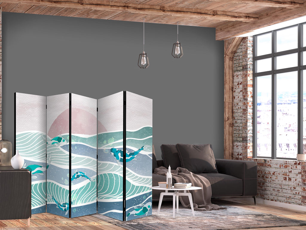 Room Divider - Picturesque Landscape With Fish in Turquoise and Blue