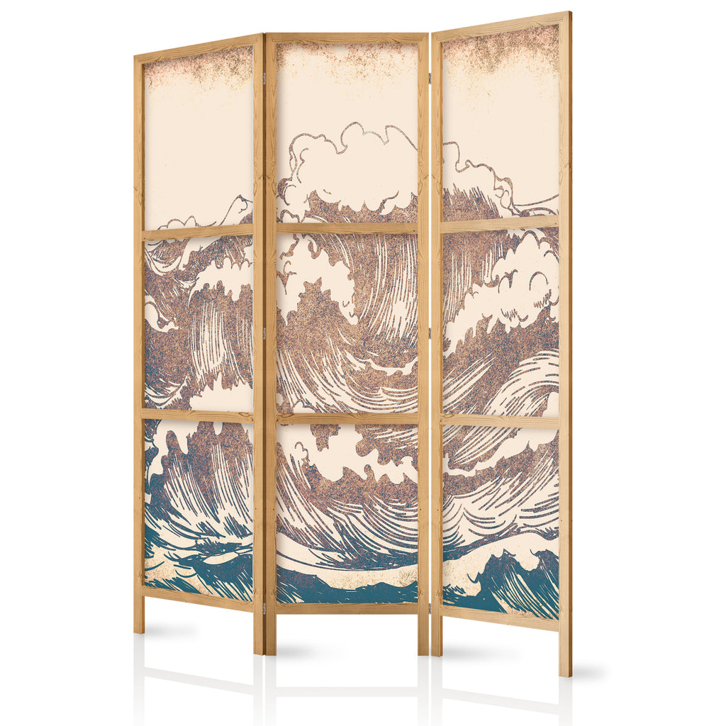 Japanese Room Divider - Turbulent Ocean - High Waves in Brown and Navy on Beige Background in Vintage Style