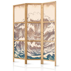 Japanese Room Divider - Turbulent Ocean - High Waves in Brown and Navy on Beige Background in Vintage Style
