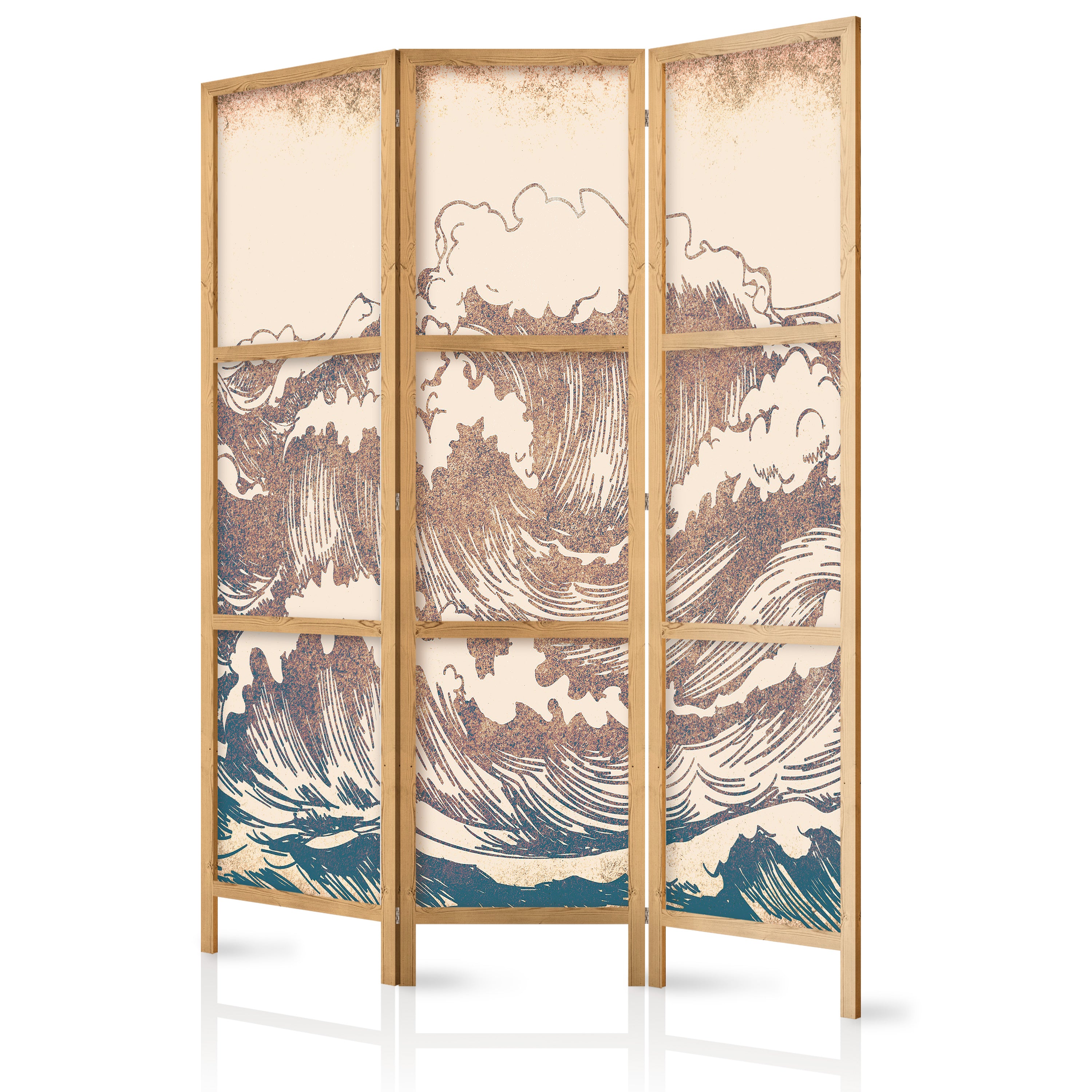 Japanese Room Divider - Turbulent Ocean - High Waves in Brown and Navy on Beige Background in Vintage Style