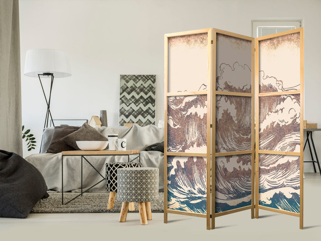 Japanese Room Divider - Turbulent Ocean - High Waves in Brown and Navy on Beige Background in Vintage Style