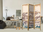 Japanese Room Divider - Turbulent Ocean - High Waves in Brown and Navy on Beige Background in Vintage Style