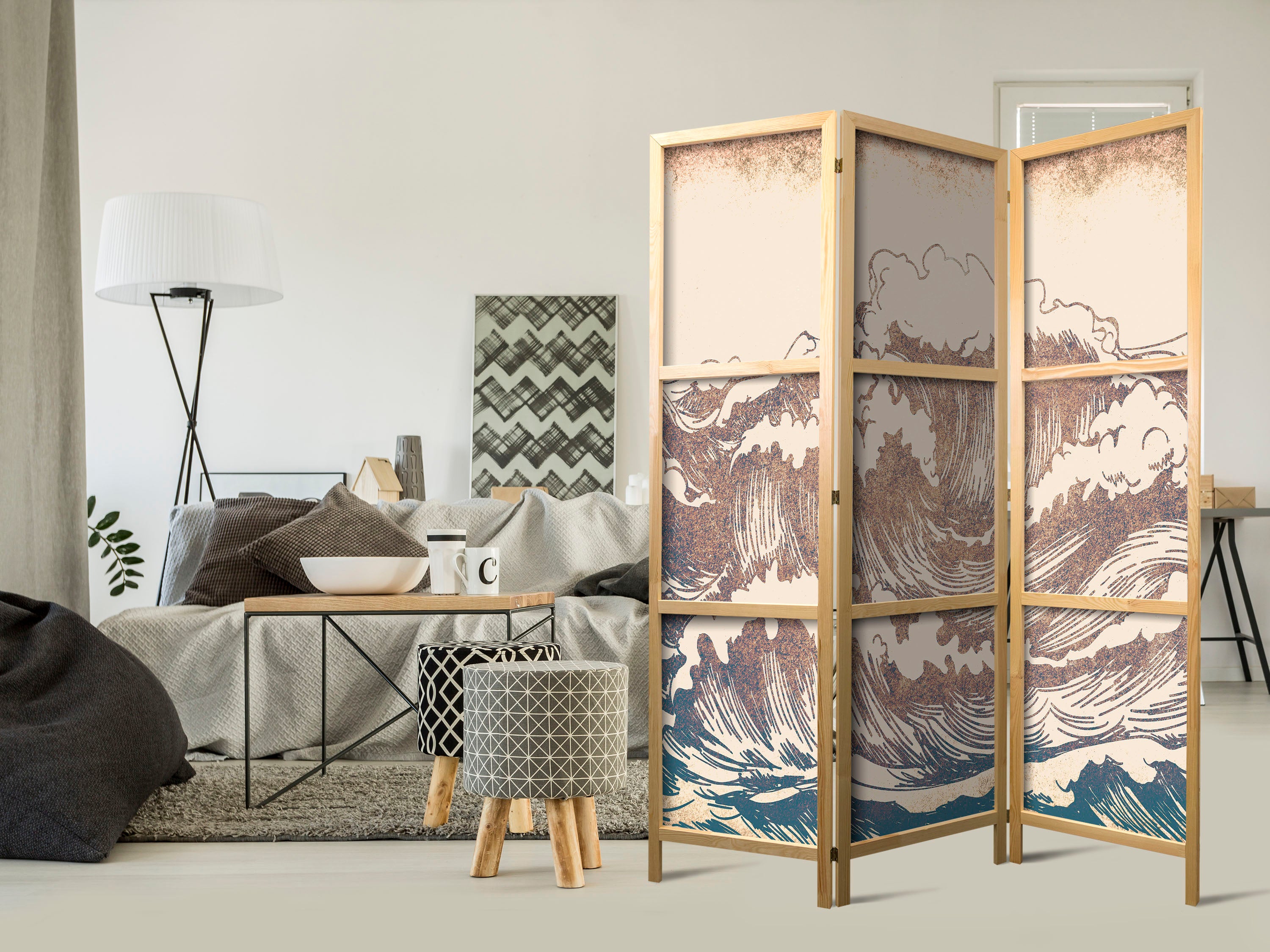 Japanese Room Divider - Turbulent Ocean - High Waves in Brown and Navy on Beige Background in Vintage Style