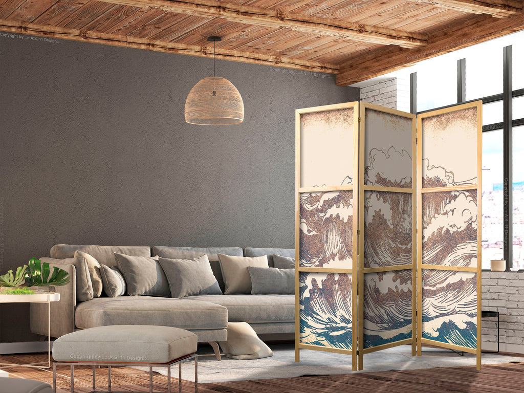 Japanese Room Divider - Turbulent Ocean - High Waves in Brown and Navy on Beige Background in Vintage Style