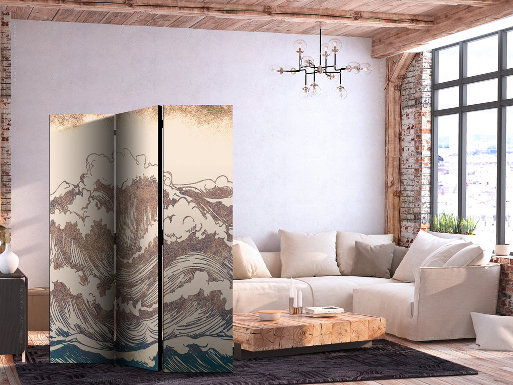 Room Divider Stormy Ocean in Brown and Navy - Vintage Style