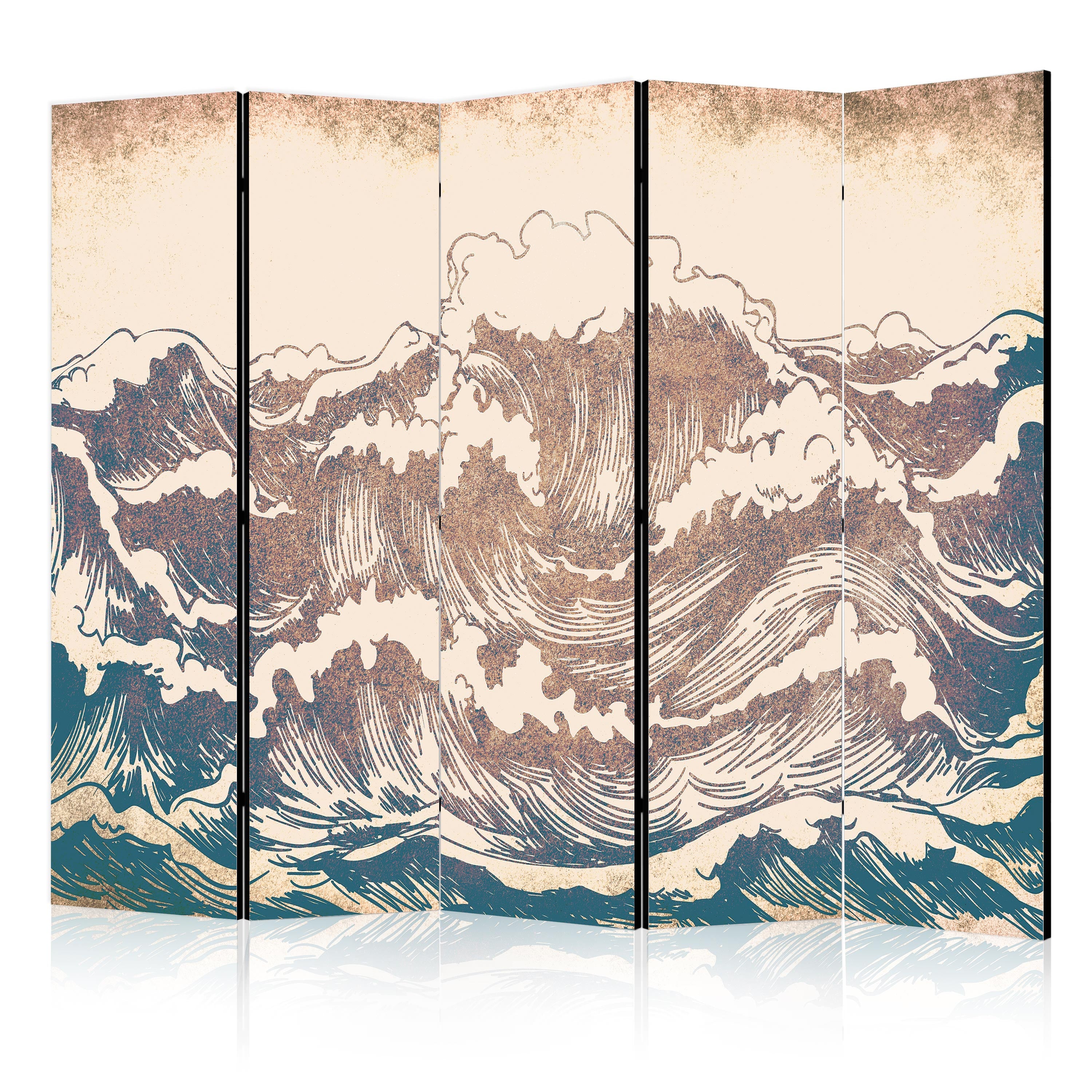 Room Divider - Turbulent Ocean - High Waves in Brown And Navy Colors on a Beige Background in Vintage Style