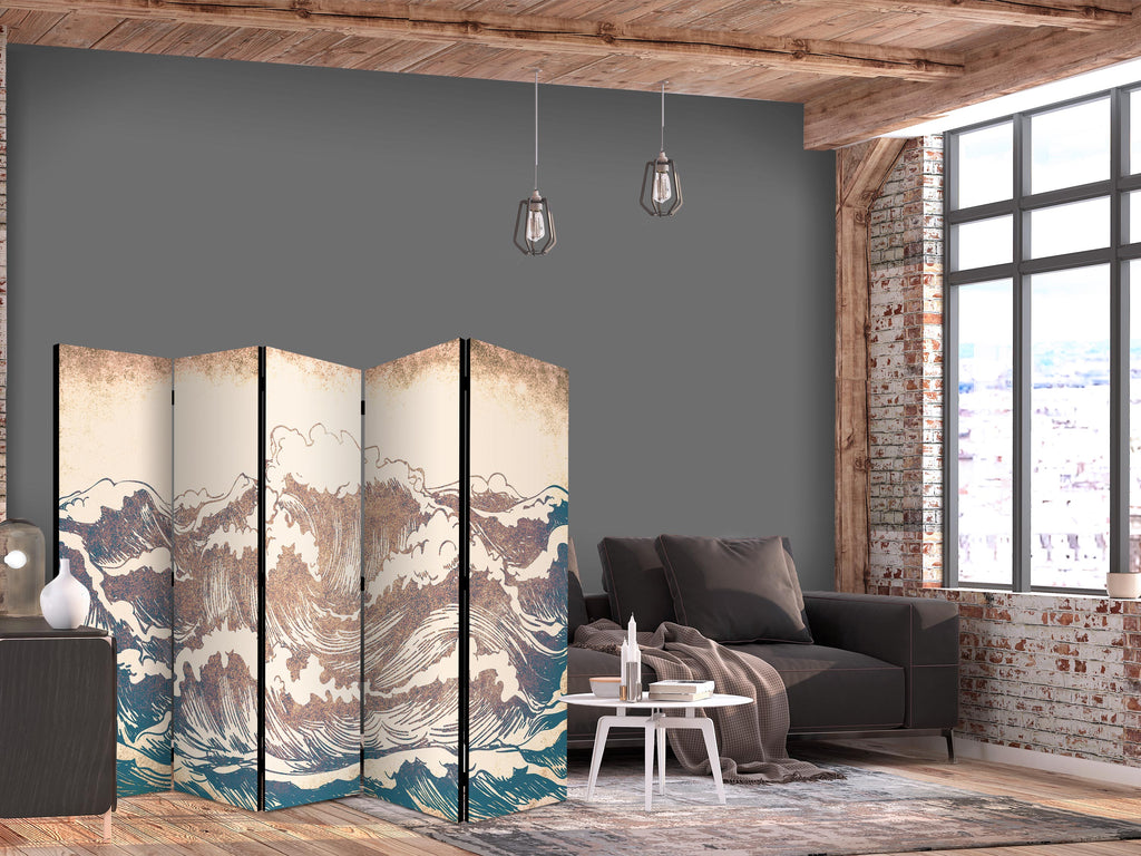 Room Divider - Turbulent Ocean - High Waves in Brown And Navy Colors on a Beige Background in Vintage Style