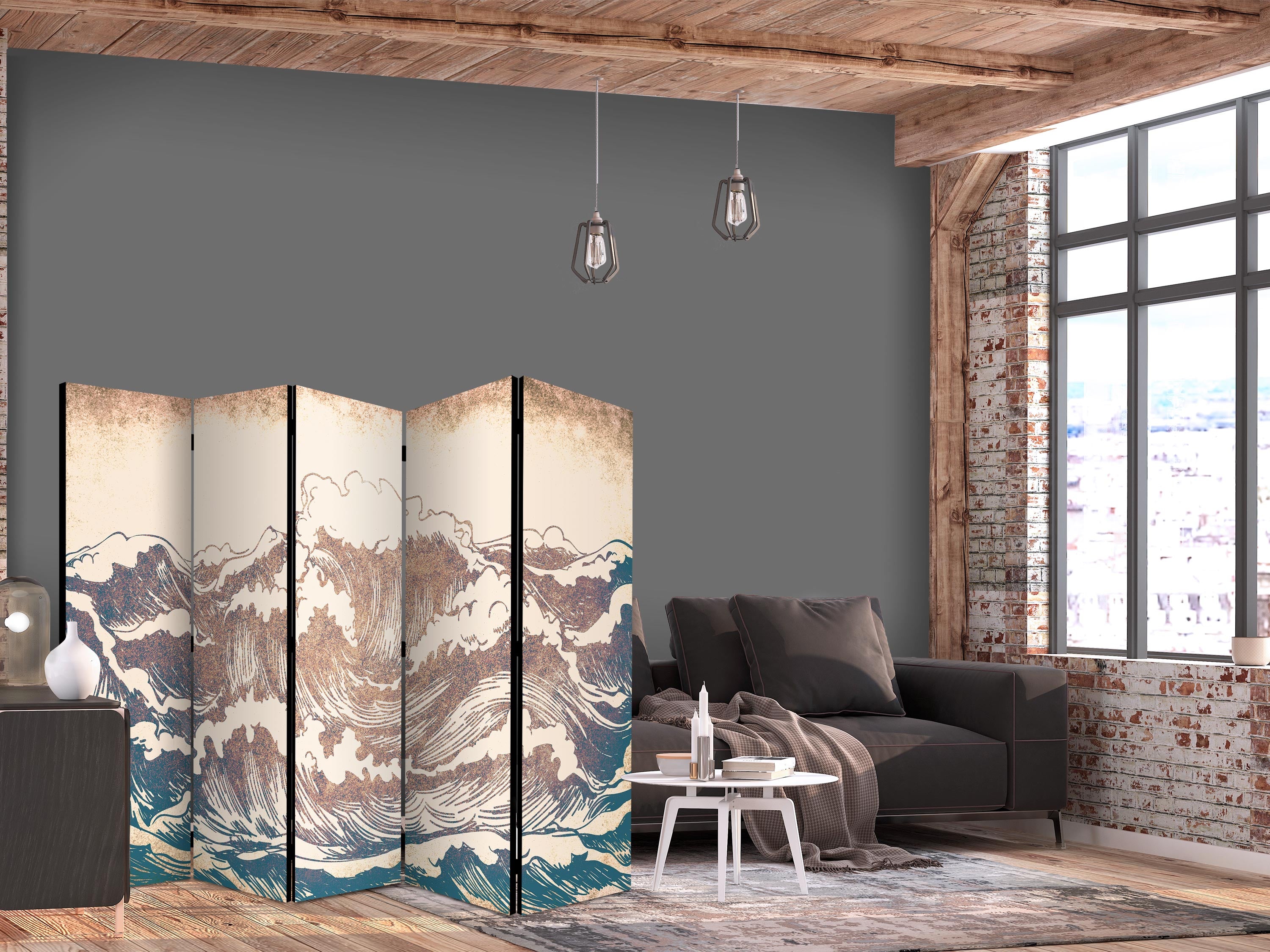 Room Divider - Turbulent Ocean - High Waves in Brown And Navy Colors on a Beige Background in Vintage Style